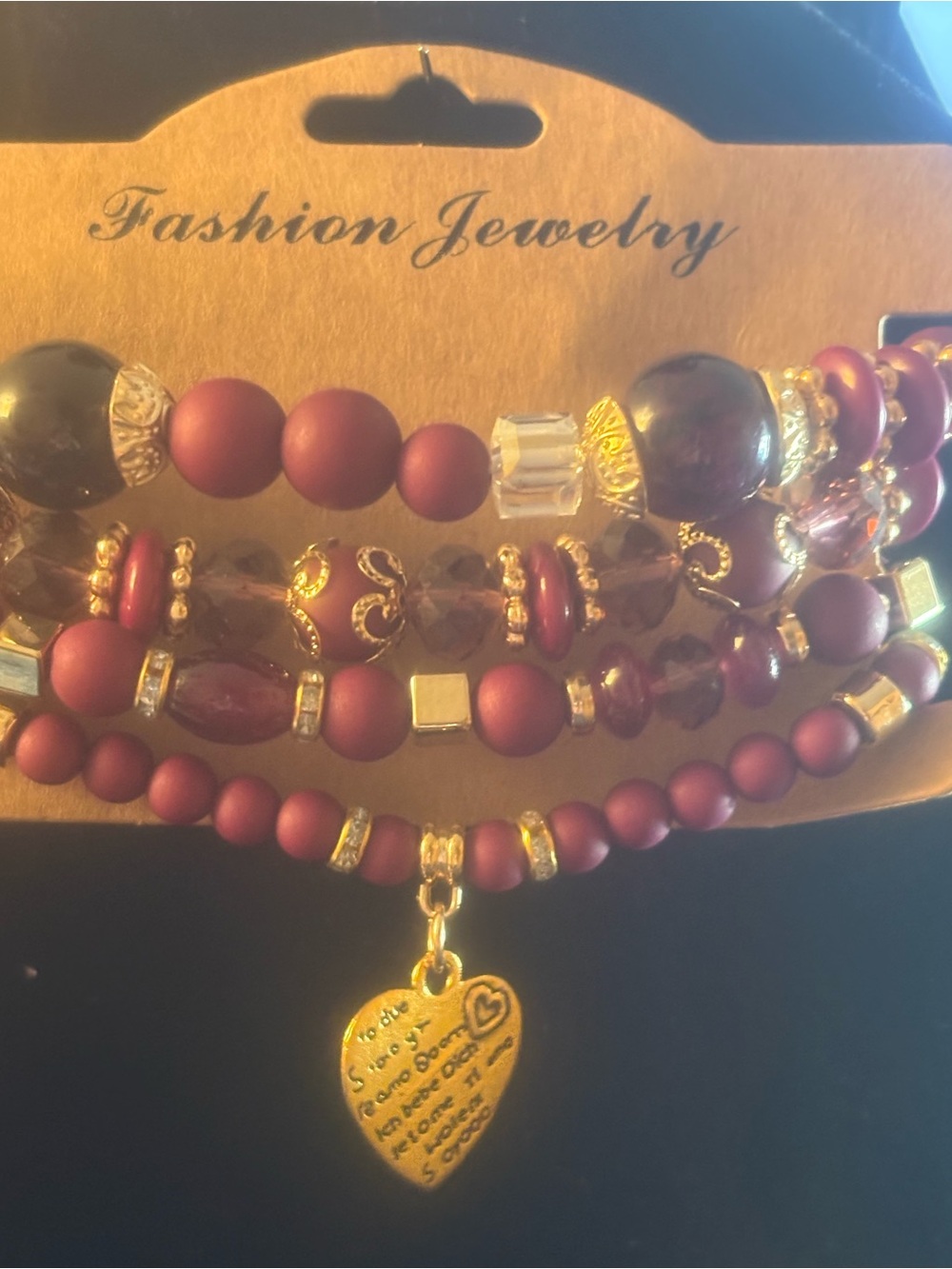 Fashion Jewelry Maroon and Gold Layered Beaded Bracelet Set